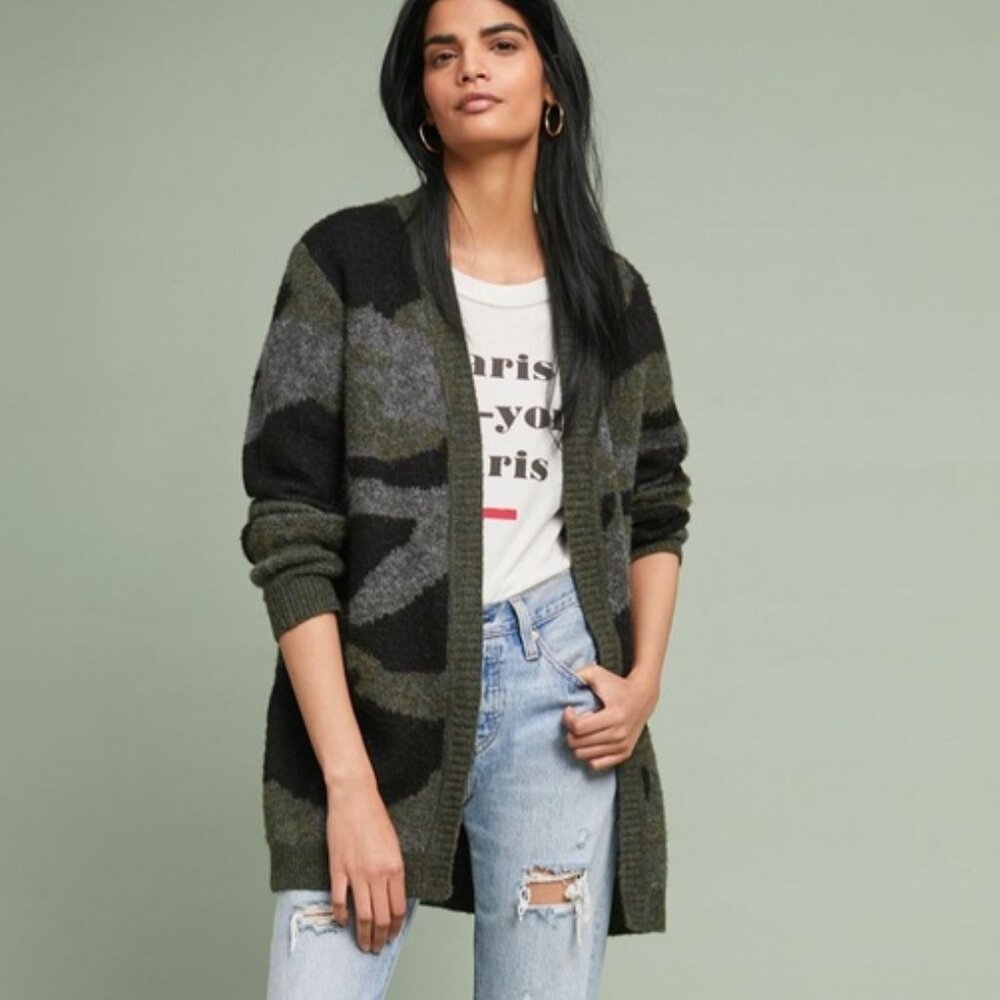 Anthropologie Moth Camo Knit Open Front Cardigan Cozy Sweater Size XS EUC